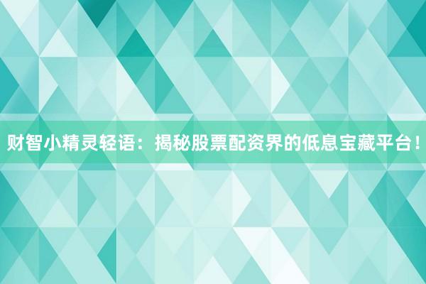 财智小精灵轻语：揭秘股票配资界的低息宝藏平台！